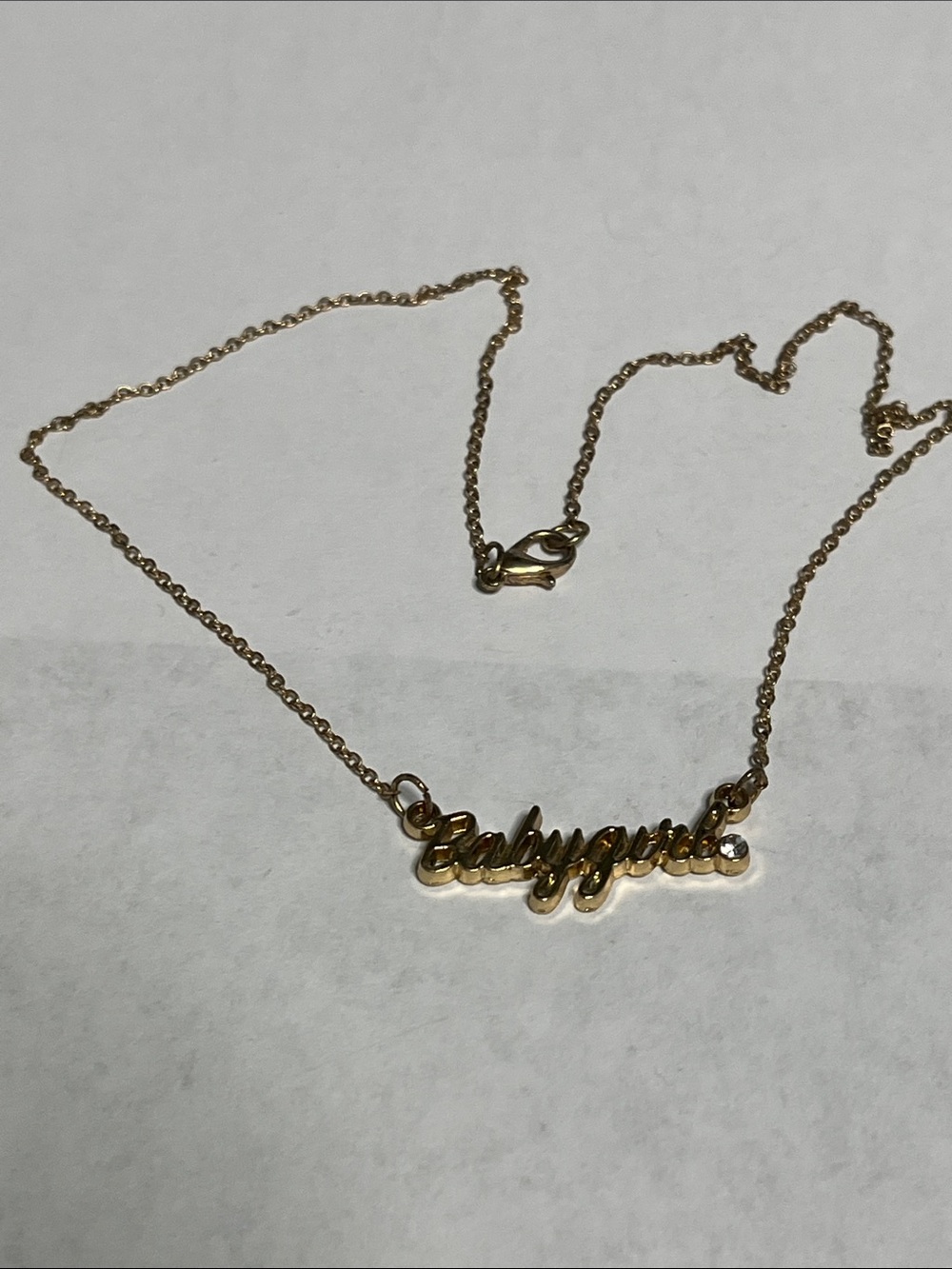 Gold Tone 'Babygirl' Script Name Necklace Rhinestone 9”